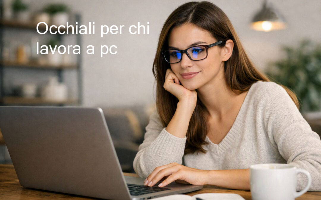 Una donna sorridente con capelli castani lavora al computer portatile seduta a un tavolo in legno. Indossa occhiali da vista neri che riflettono la luce blu dello schermo e una maglia chiara a coste. In primo piano c'è una tazza bianca. In alto a sinistra compare la scritta in bianco "Occhiali per chi lavora a pc".