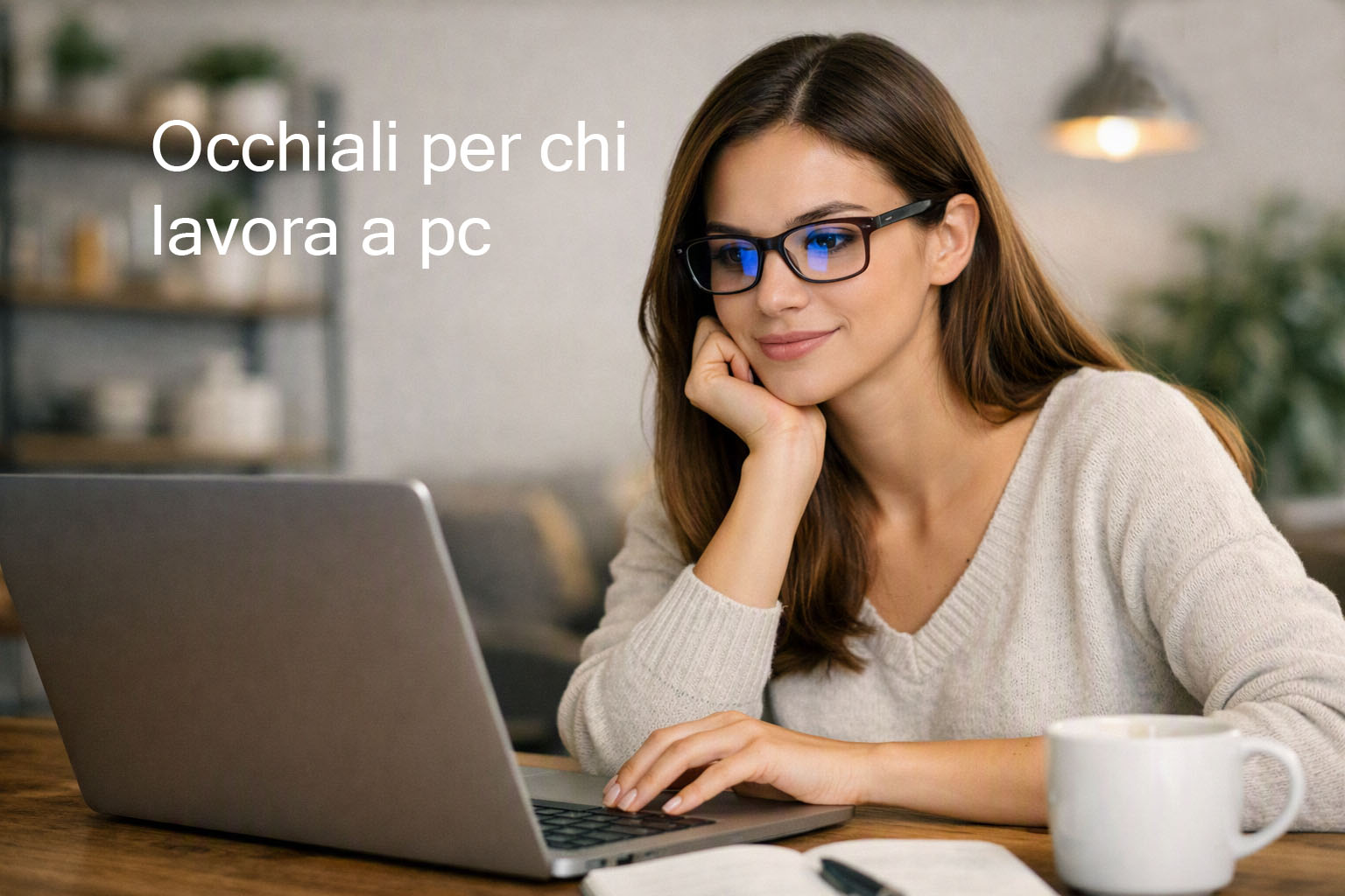 Una donna sorridente con capelli castani lavora al computer portatile seduta a un tavolo in legno. Indossa occhiali da vista neri che riflettono la luce blu dello schermo e una maglia chiara a coste. In primo piano c'è una tazza bianca. In alto a sinistra compare la scritta in bianco "Occhiali per chi lavora a pc".
