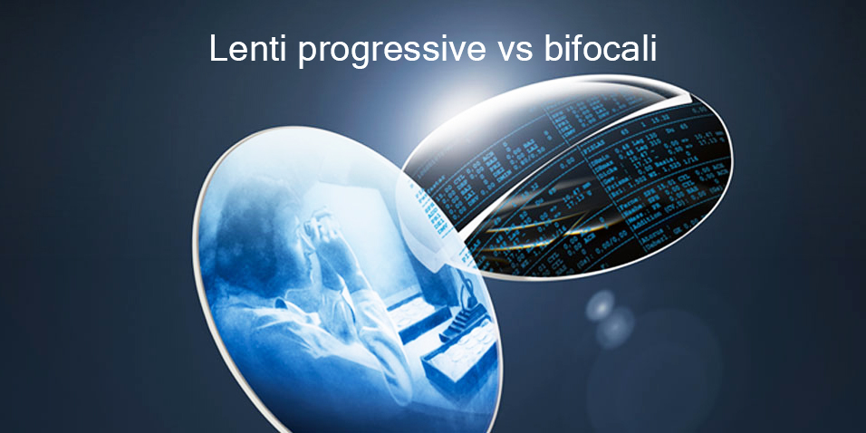 Grafica concettuale su sfondo blu scuro con il titolo in bianco "Lenti progressive vs bifocali". Sotto al testo sono presenti due lenti d'occhiale fluttuanti che mostrano due diversi campi visivi. La lente in basso a sinistra mostra in tonalità azzurre una persona sfocata seduta davanti a un computer. La lente in alto a destra mostra un ingrandimento nitido di righe di codice e dati numerici su uno schermo nero.