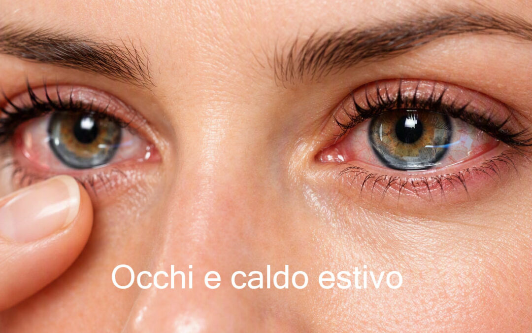 Occhi arrossati e irritati per il caldo estivo, con segni di secchezza oculare evidenti; immagine utile per spiegare come le alte temperature influenzano il benessere visivo.