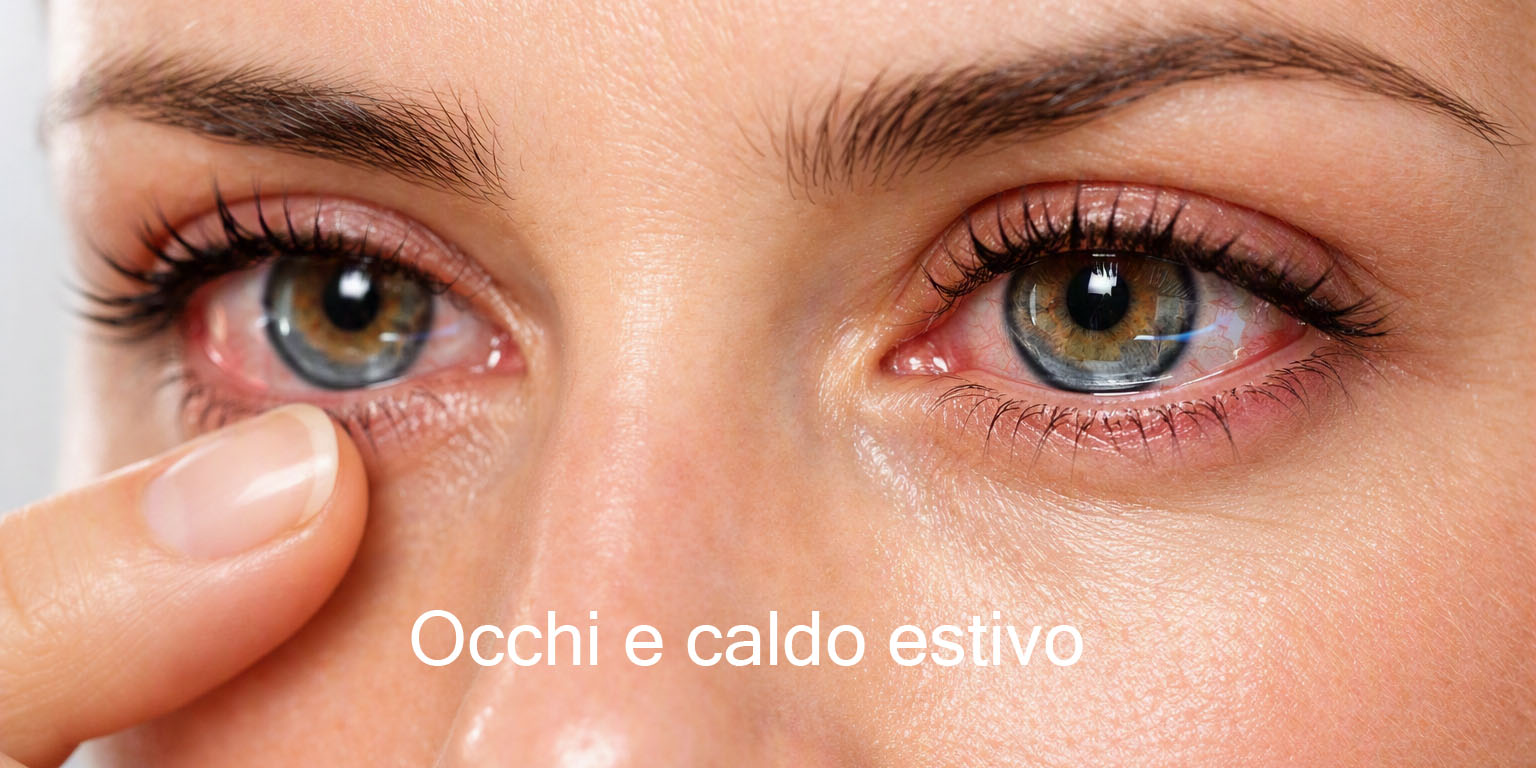Occhi arrossati e irritati per il caldo estivo, con segni di secchezza oculare evidenti; immagine utile per spiegare come le alte temperature influenzano il benessere visivo.